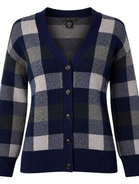 Preswick & Moore Navy and Gray Plaid V-Neck Cardigan